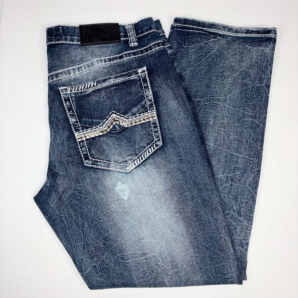 True Luck Men's Straight Leg Jeans Size 36/32 Blue Heavy Wash Contrast Stitch